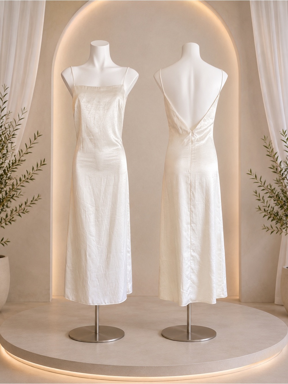 Ivory Satin Lined Slip Midi Dress Low Back Spaghetti Strap Y2K Minimalist Sz XS